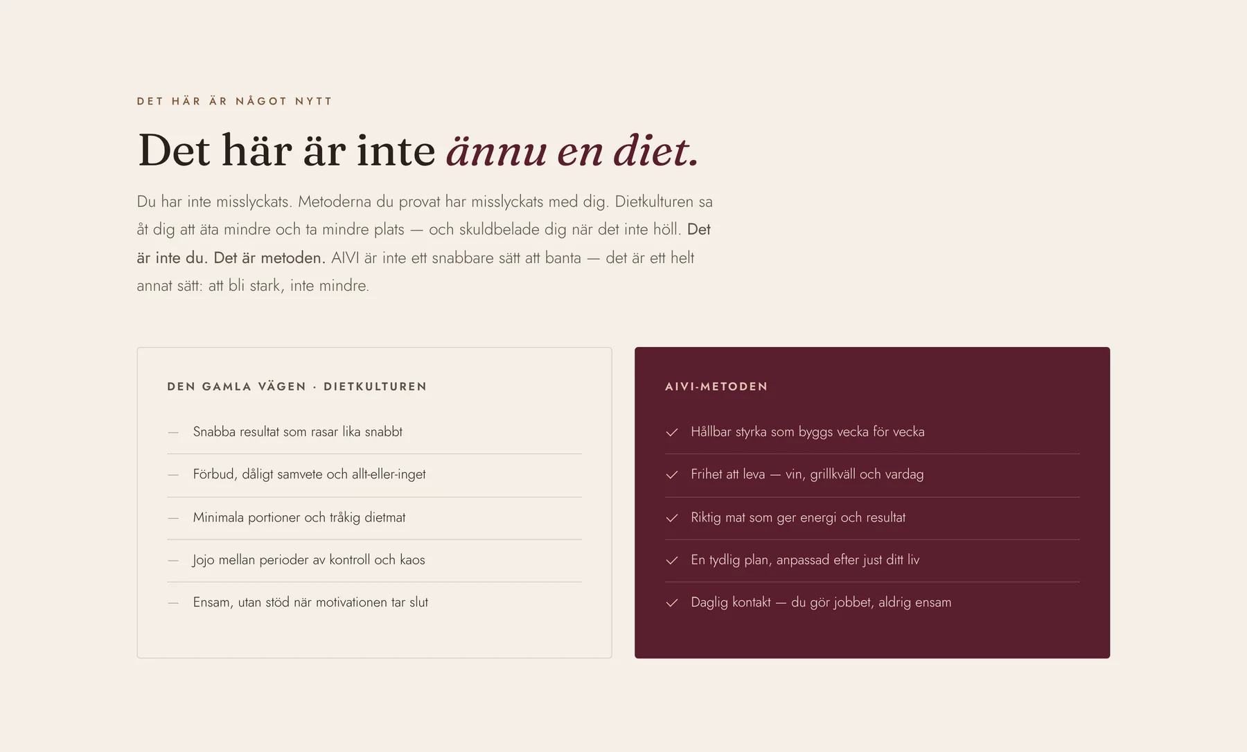 The section Det här är inte ännu en diet, with the old way and the AIVI method side by side