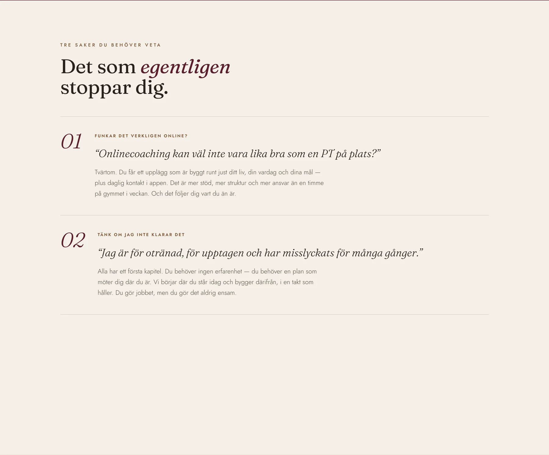 The section Det som egentligen stoppar dig with three numbered doubts