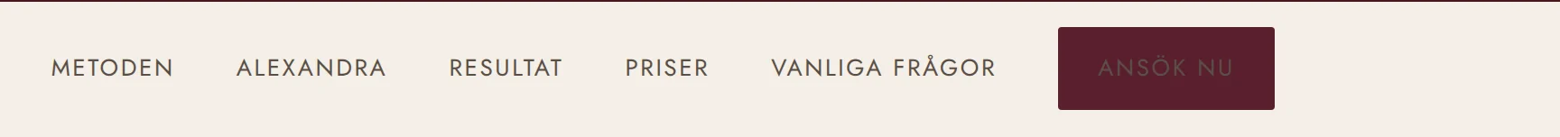 The navigation: Metoden, Alexandra, Resultat, Priser, Vanliga frågor, Ansök nu