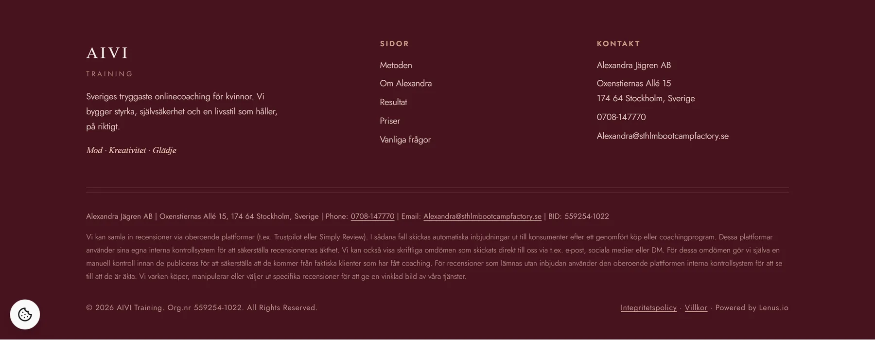 The footer with organisation number, address, phone and review policy