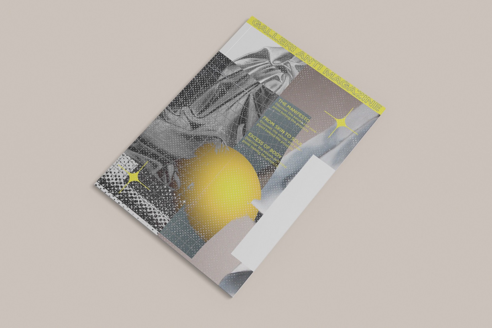 Magazine cover: halftone black-and-white collage with a yellow gradient orb and vertical masthead type