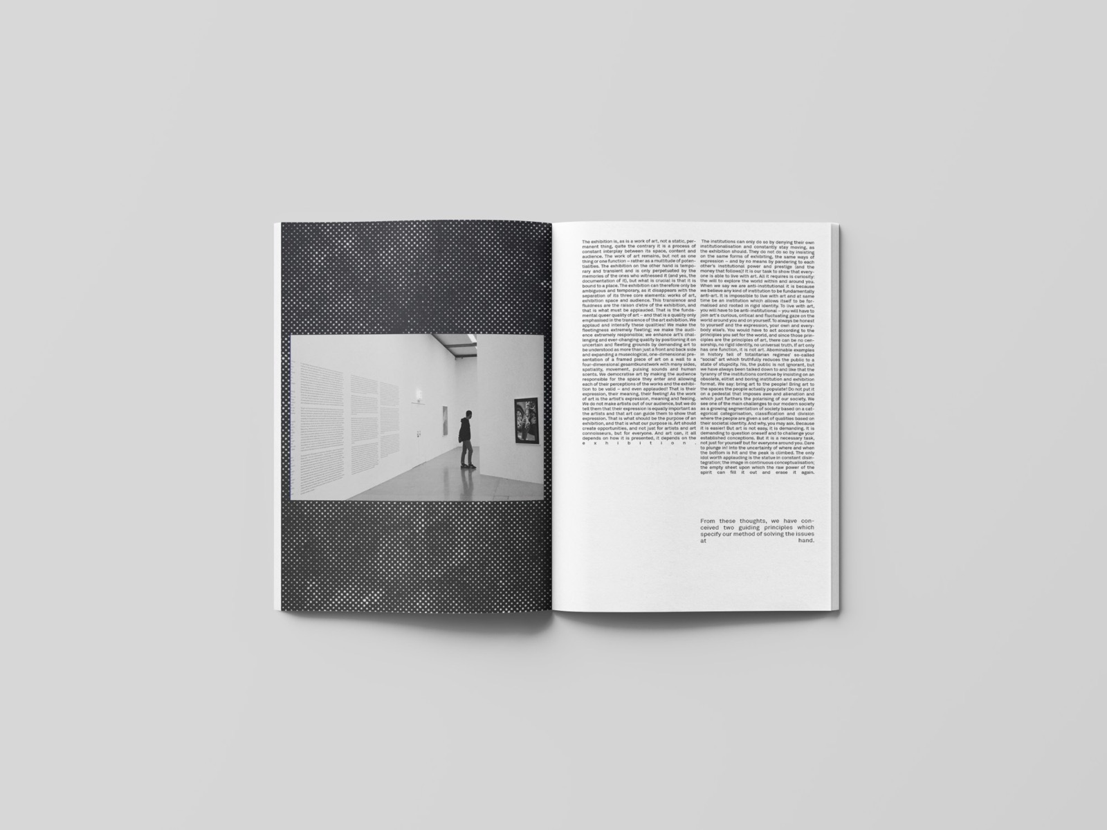 Magazine spread: black-and-white photograph of a gallery interior on a dark halftone field, facing a dense text page