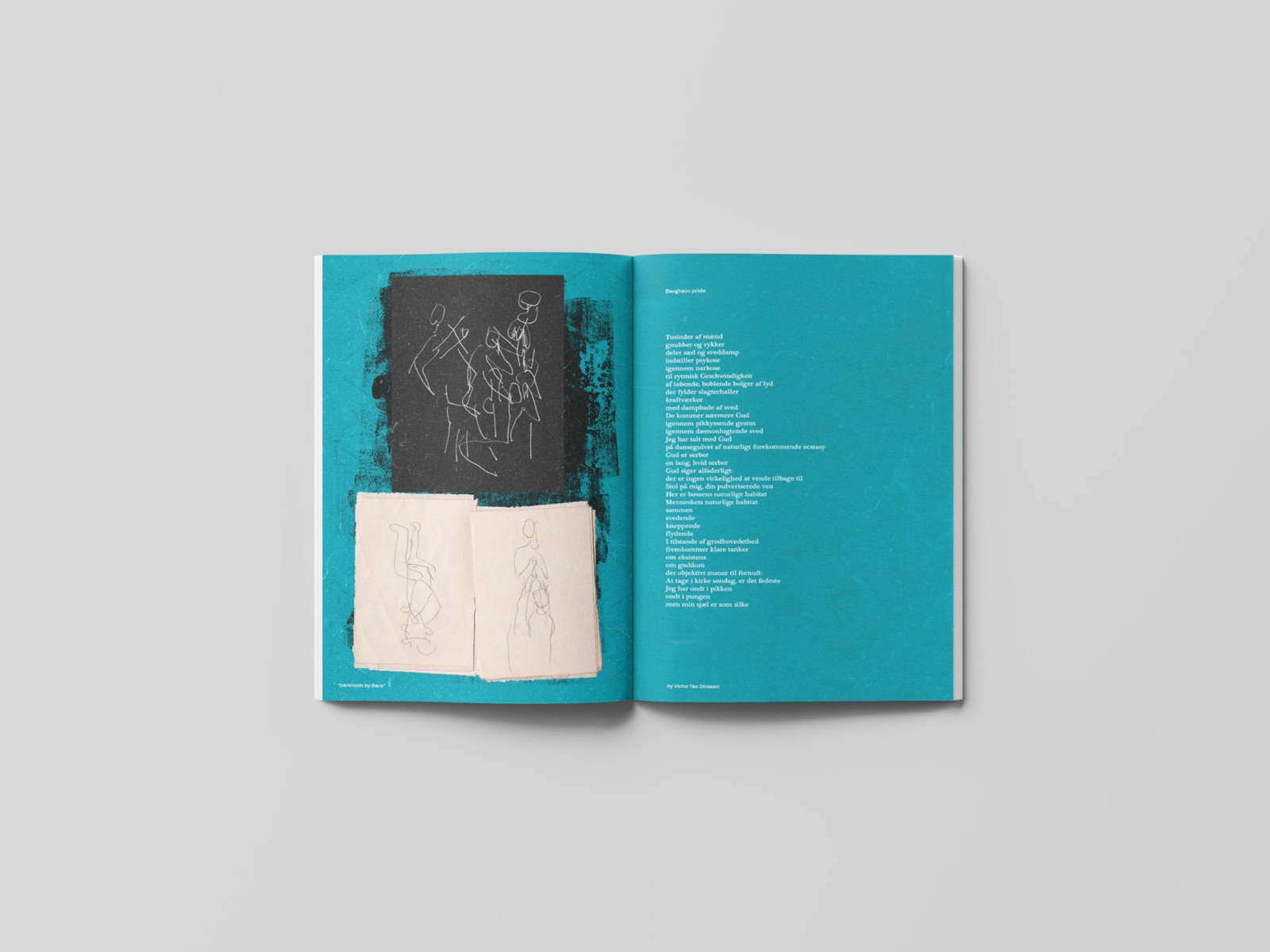 Magazine spread in saturated teal: figure line-drawings, an open sketchbook and a text page