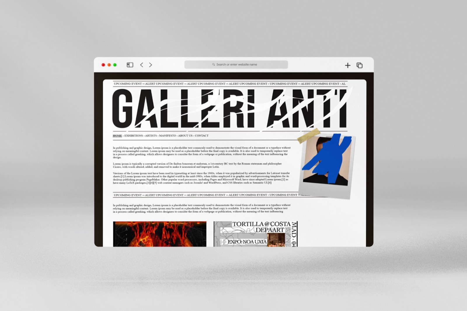 Website draft in a desktop browser: newspaper-style Galleri Anti masthead, taped-on photographs and ticker menus