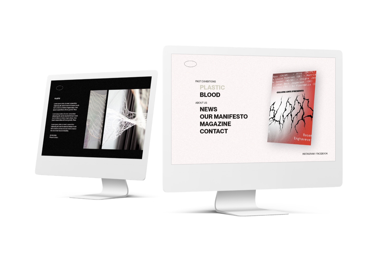 Website draft on two monitors: minimal white exhibition site with the menu news, our manifesto, magazine, contact