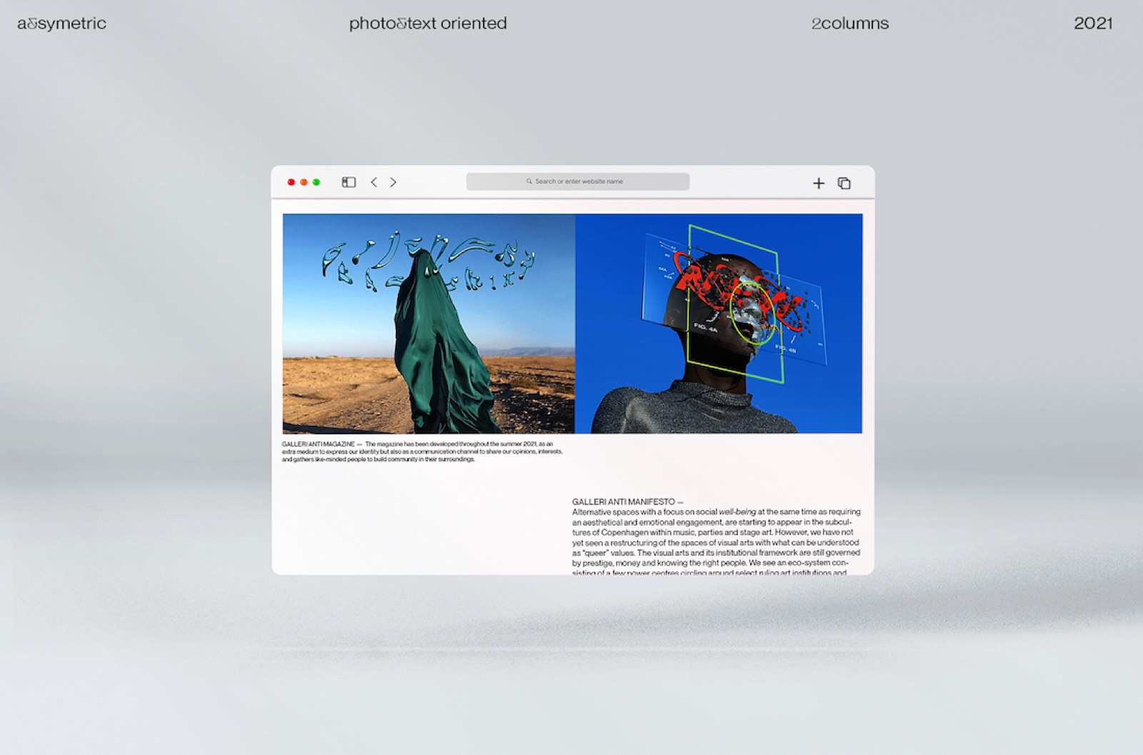 Website draft in a browser: two-column photo and text layout pairing a draped figure in a landscape with a sculpture overlaid by red glyphs