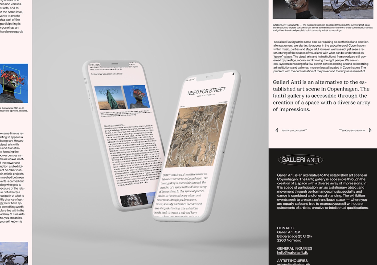 Mobile screens beside a dark contact page carrying the manifesto: Galleri Anti is an alternative to the established art scene in Copenhagen