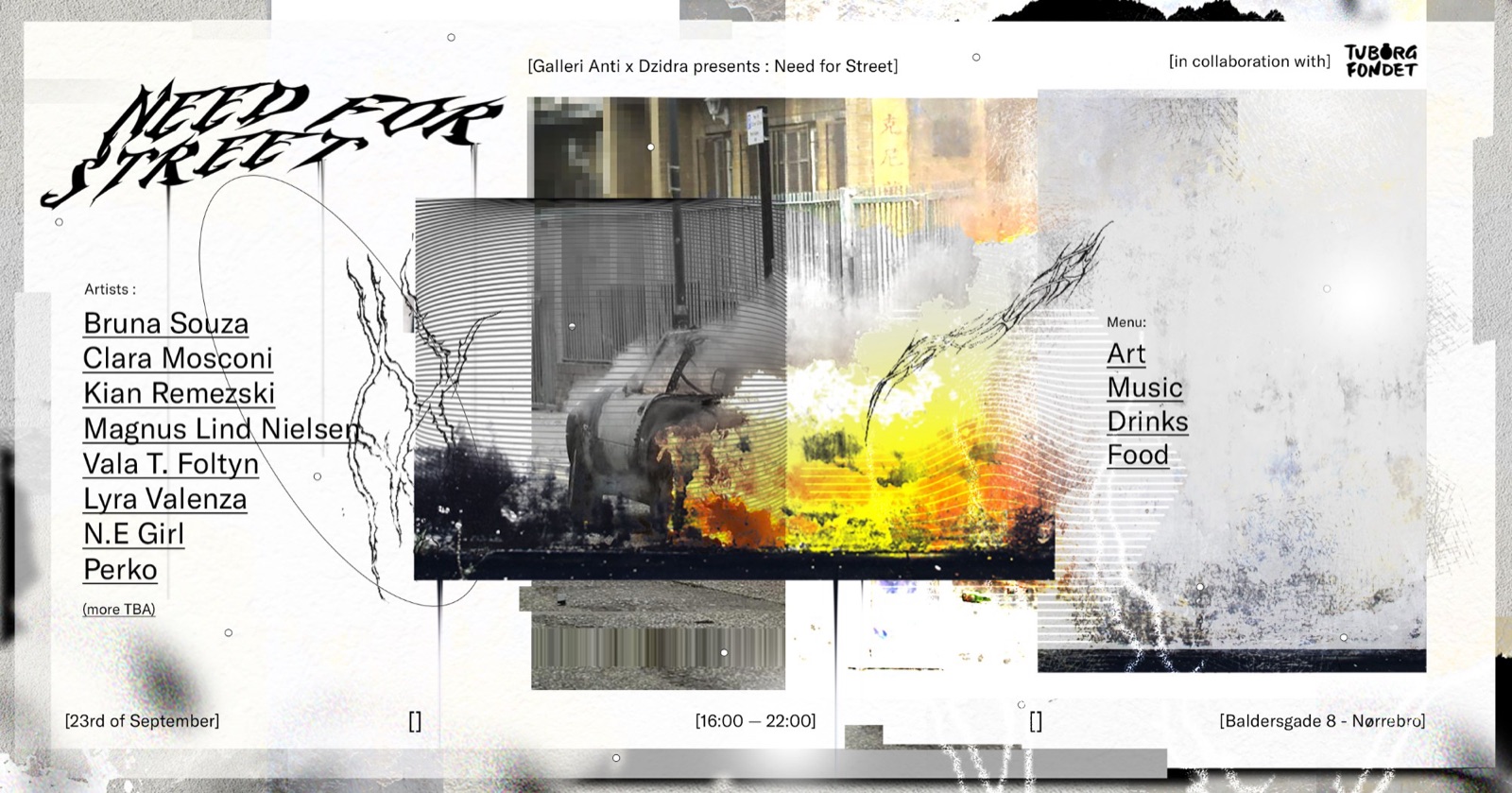 Need for Street event banner: chrome blackletter title, artist line-up and event details for the Galleri Anti open call