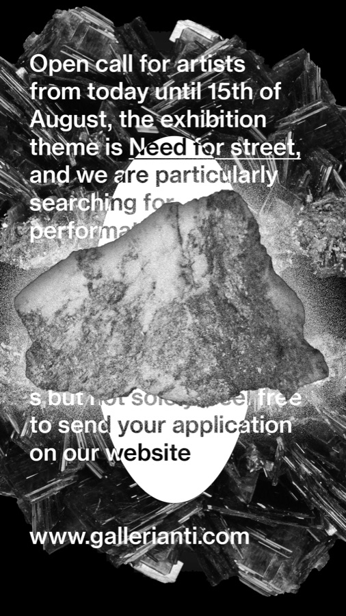 Story format in black and white: open call text over cut-out stone collage, theme Need for Street, gallery website