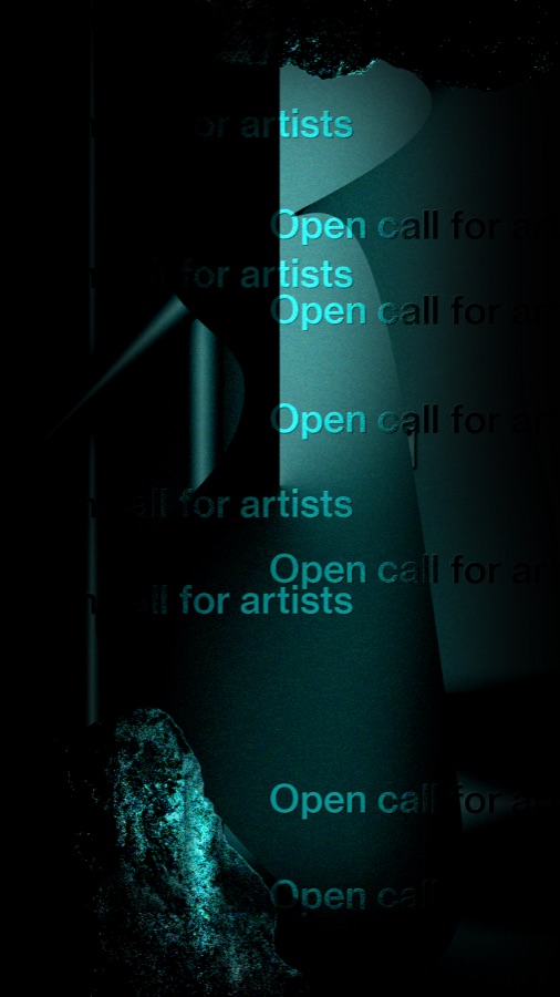 Story format in deep teal: open call for artists repeated over a dark sculptural photograph