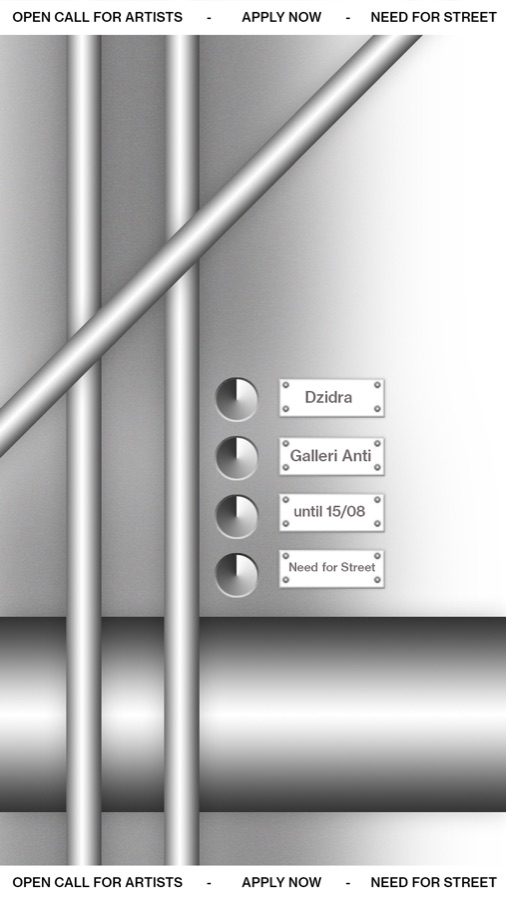 Story format of rendered chrome pipes with engraved plates reading Dzidra, Galleri Anti, until 15/08, Need for Street