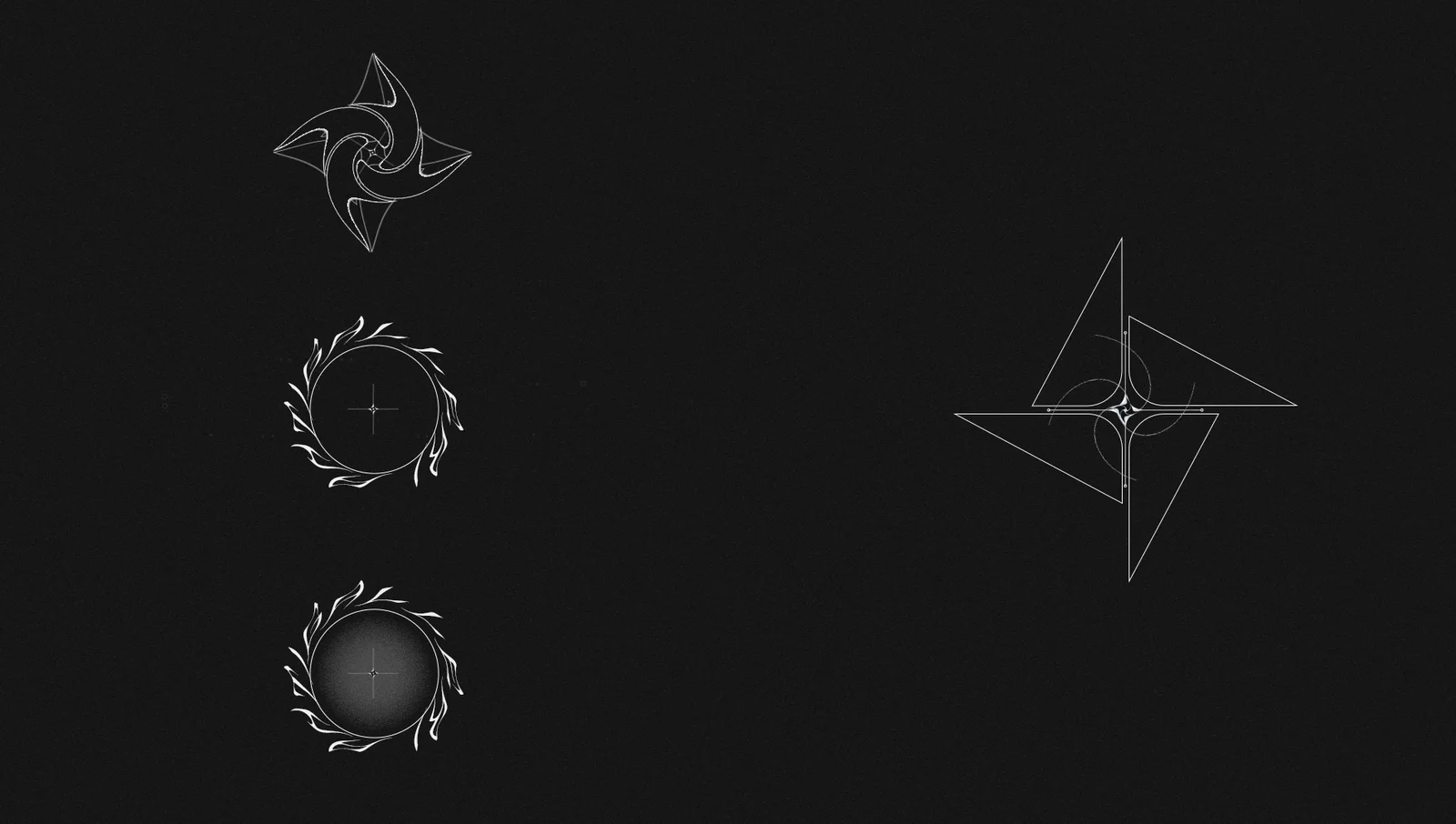 Explorations of the chrome star mark: spiral blades, a flame ring and triangle constructions on black