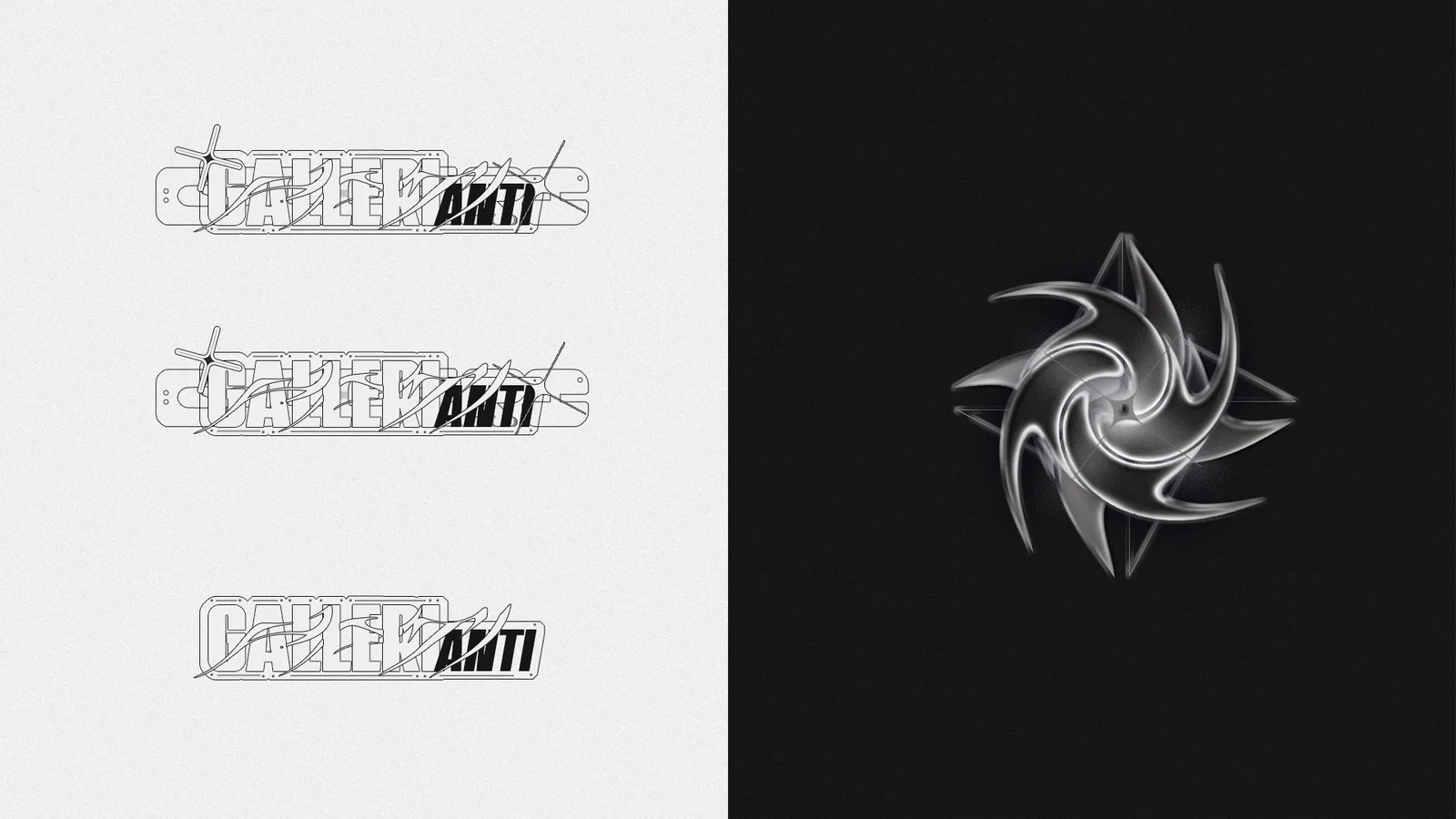 Three construction stages of the wordmark beside the chrome star mark on black