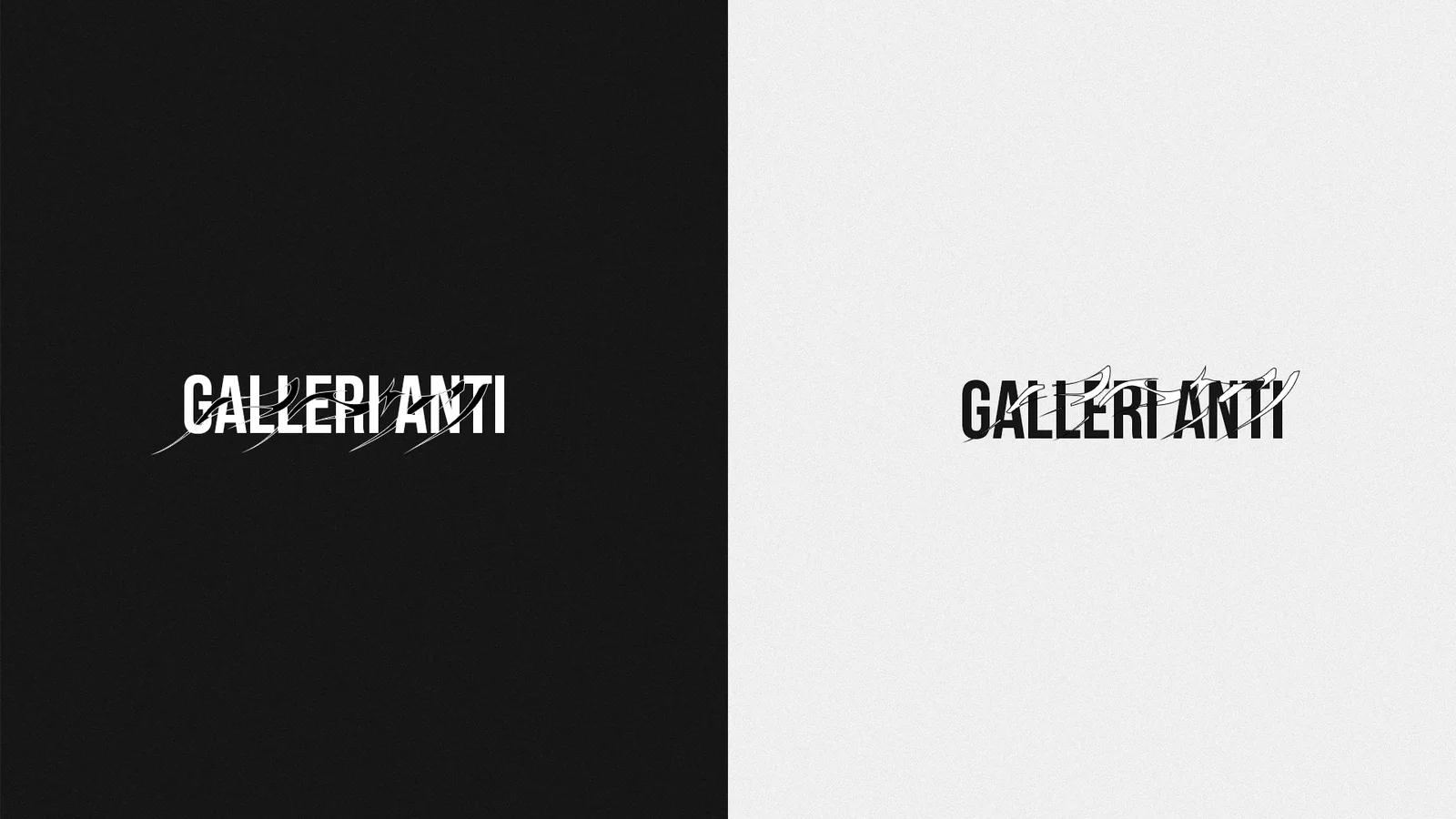 The Galleri Anti logotype: a distressed, glitching wordmark shown white on black and black on white
