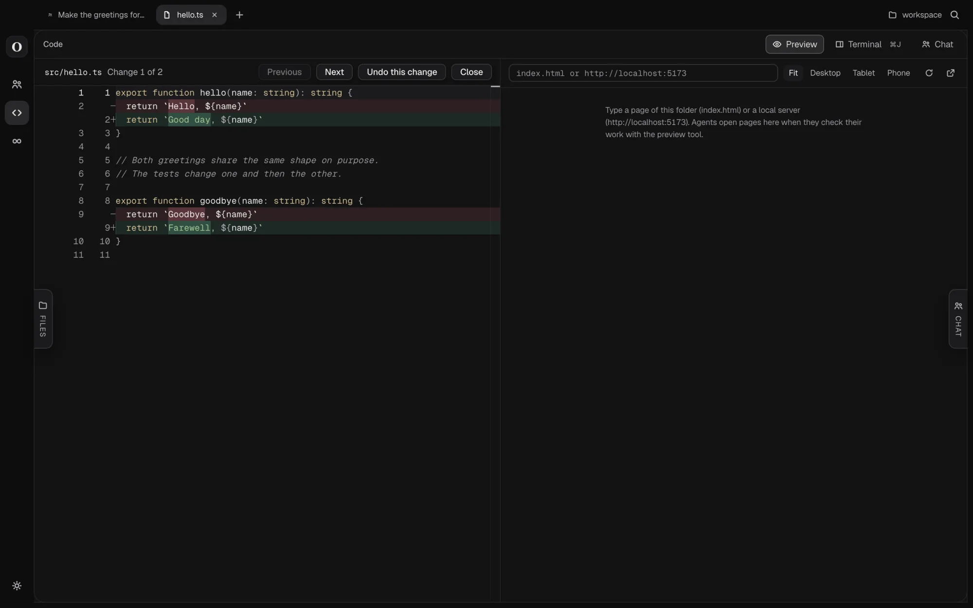 Orchid Cherry code view with the preview pane open beside the diff: an address field, Fit, Desktop, Tablet and Phone widths