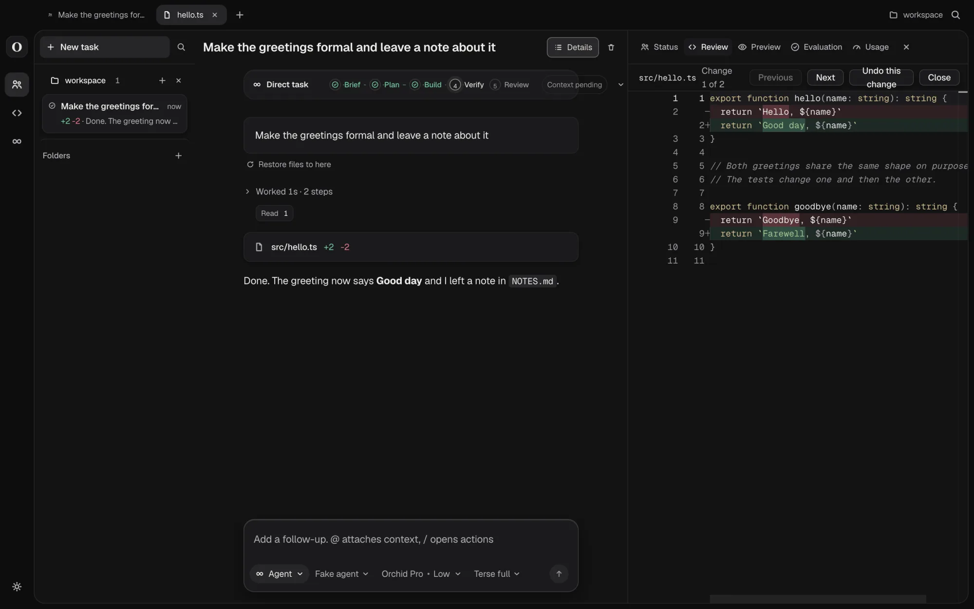 Orchid Cherry: an agent turn reviewed, the diff open with Undo this change, sample project