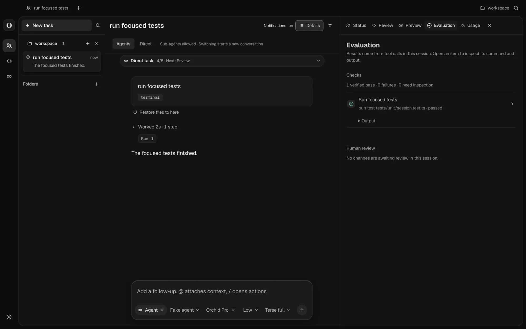 Orchid Cherry evaluation tab: checks from the session's tool calls, one verified pass for a test run, and a human review section with nothing awaiting review