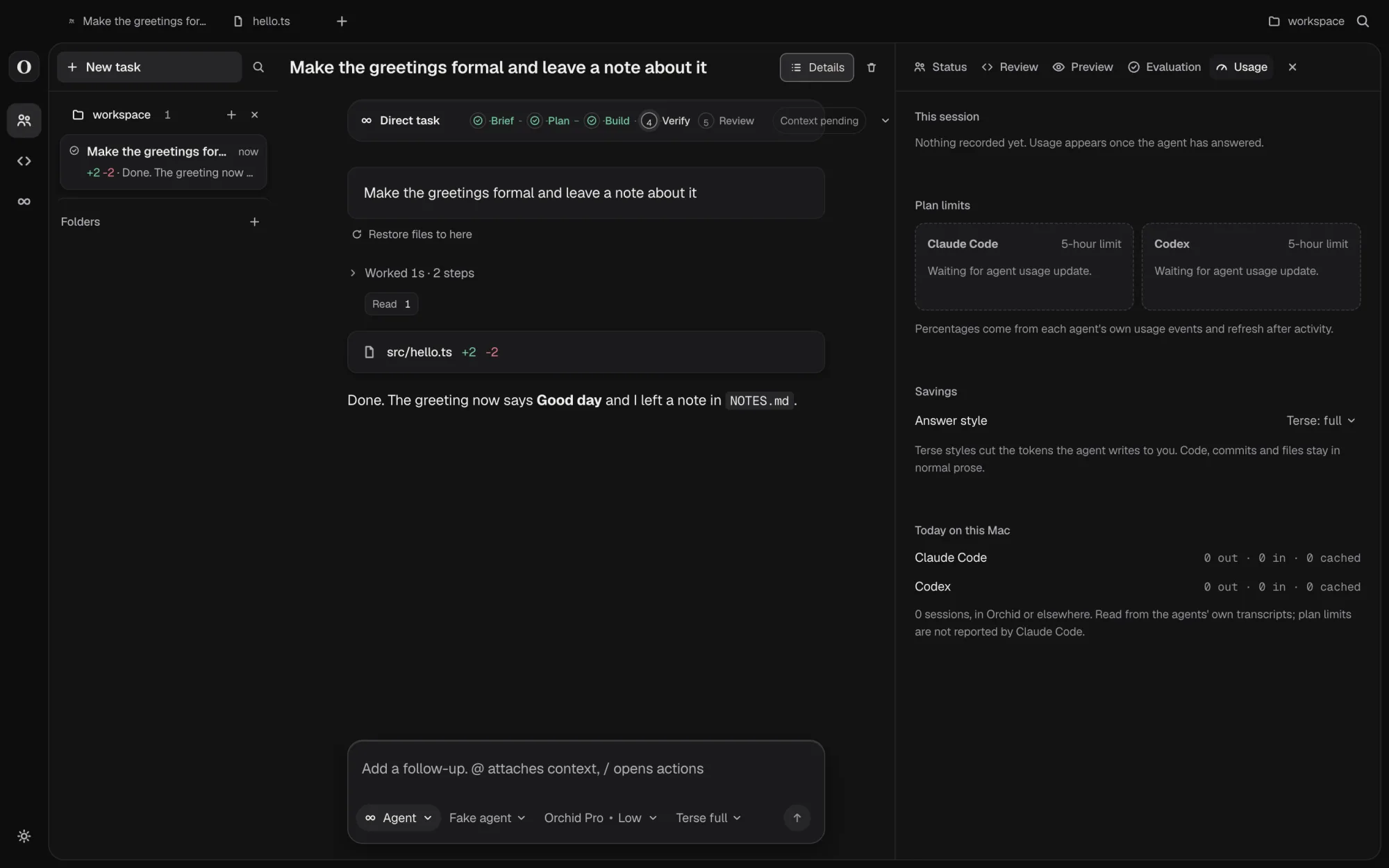 Orchid Cherry usage tab: plan limits per agent, the answer style setting, and today's token counts for Claude Code and Codex read from their own transcripts