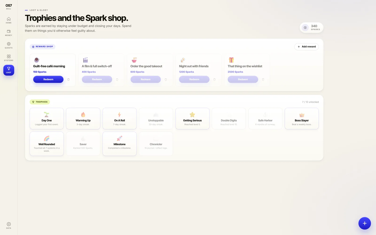 OS7 loot view: Sparks balance, purchasable real-life rewards and unlocked trophies, sample data