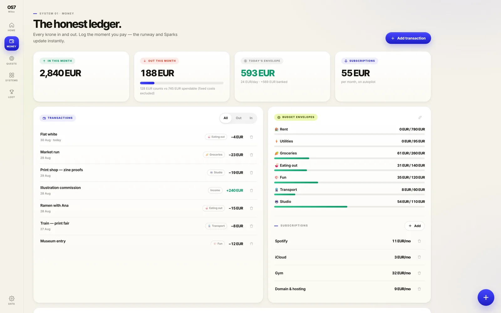 OS7 money view: runway chart, safe-to-spend, transactions, budget envelopes and subscriptions, sample data