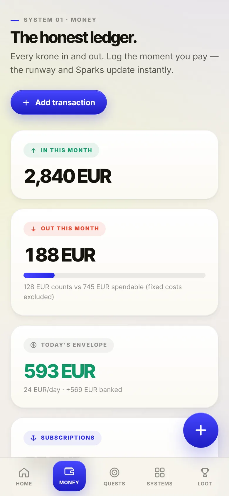 OS7 money view at phone width, sample transactions and envelopes