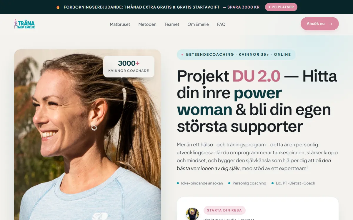 Träna med Emelie: hero with application form for Projekt DU 2.0