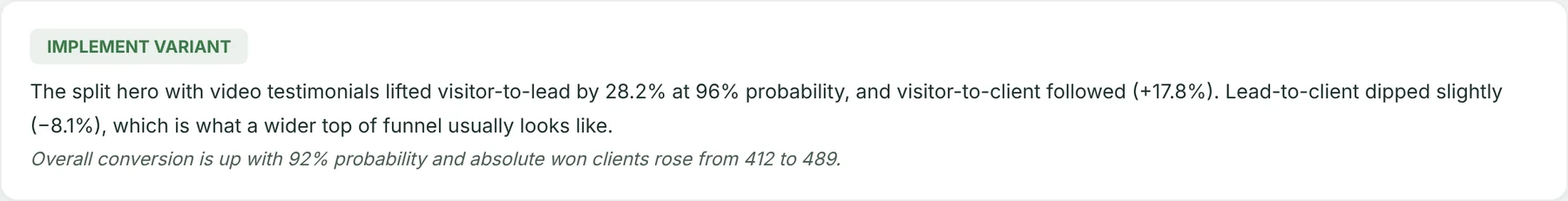 AI verdict card: Implement Variant, with a three-sentence summary and a one-line reason