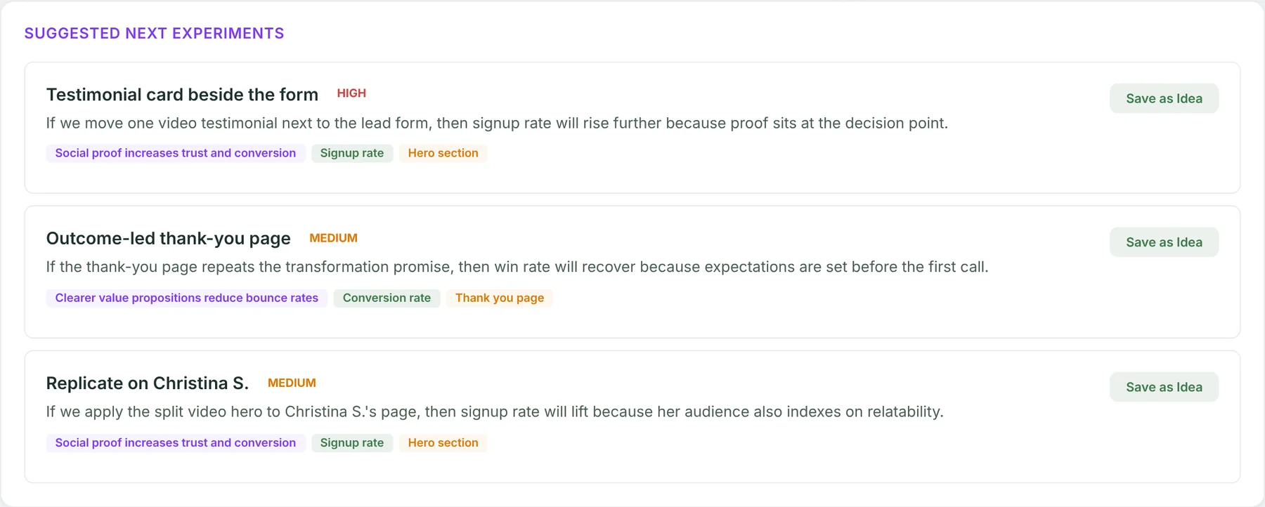 Suggested next experiments with priority pills, hypothesis text, tags and a Save as Idea button
