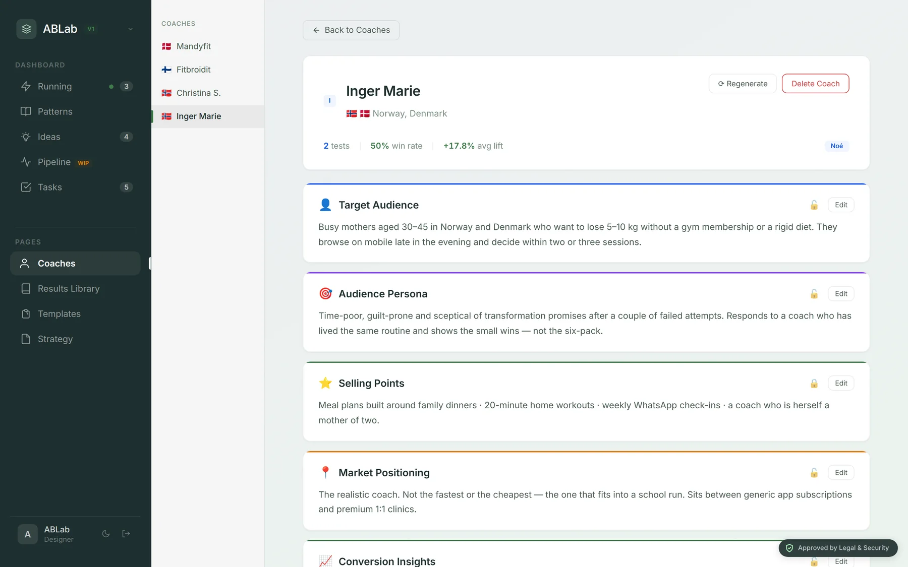 A coach profile page with target audience, persona, selling points and positioning cards